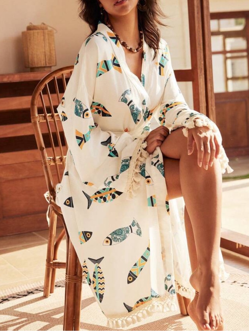 Boho Abstract Fish Print Tassel Kimono Cover-Up Robe